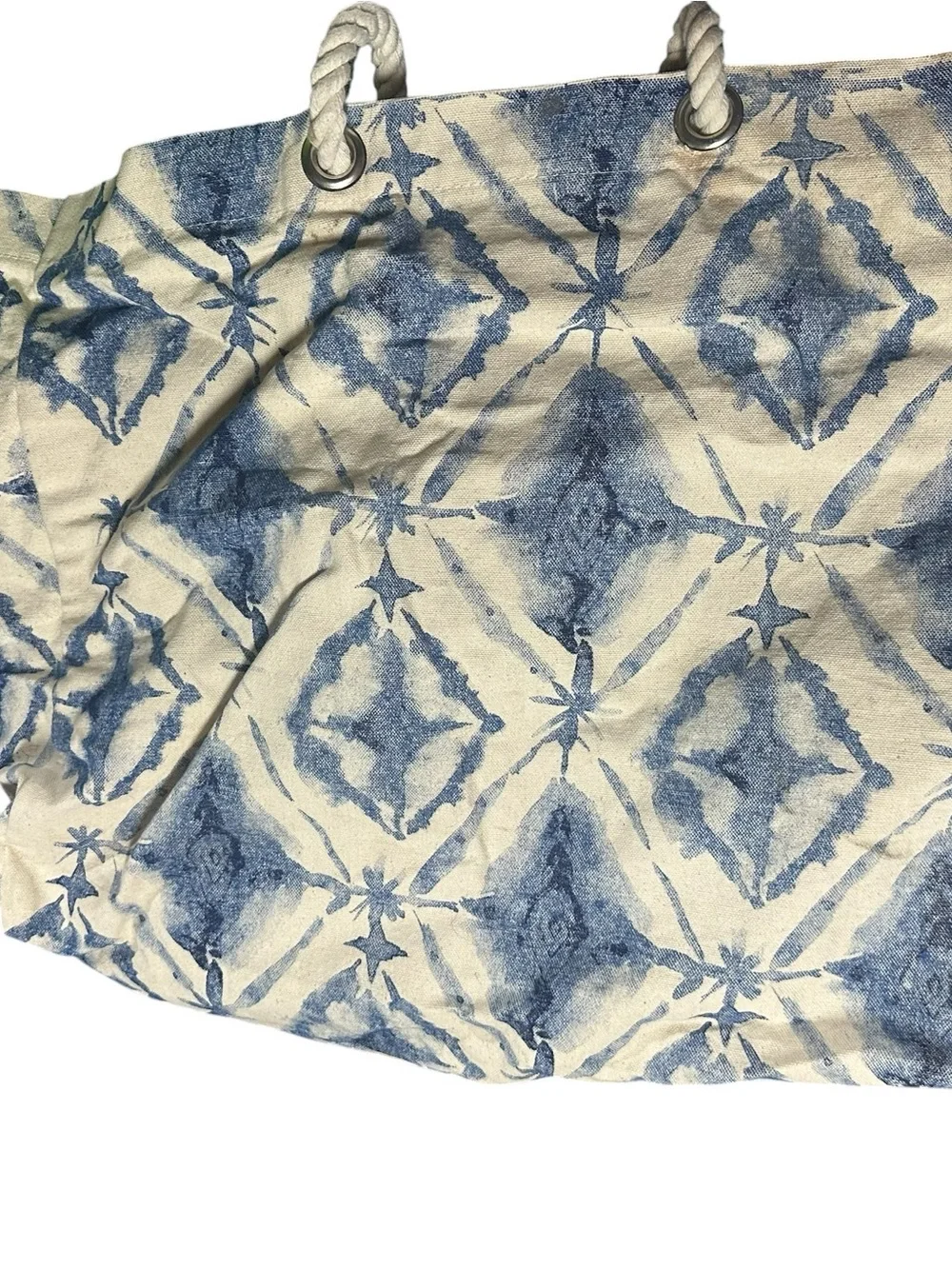 Canvas Tote Bag with Blue Ikat Print and Tassel